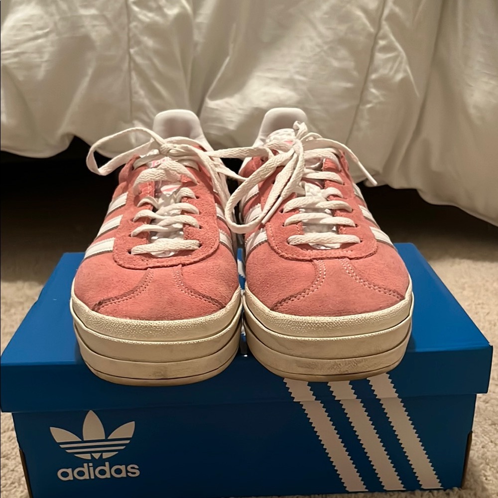 Adidas Pink and White Sneakers with Suede Upper and Platform Sole